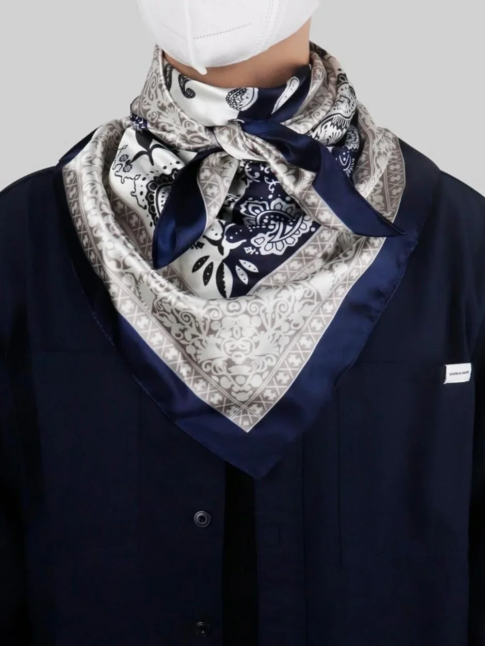 Men's Blue Beige 35 Inch Wild Rag Neckerchief Silk Western Bandana Neck Scarf